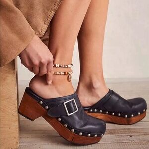 Free People Black Leather Clogs with Wooden Sole 41